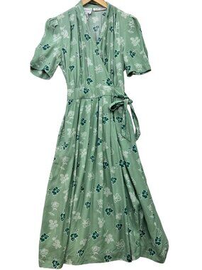 Karin Stevens Women's Wrap V Neck Midi Dress Tie Waist Size 6 Green Floral Print